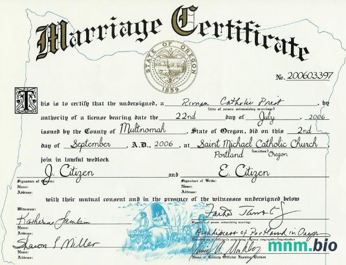 USA oregon marriage cert